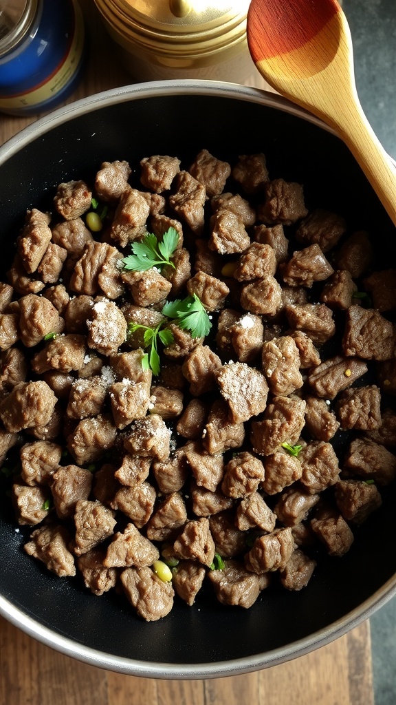 A skillet of browned ground beef seasoned with herbs, ready to serve.